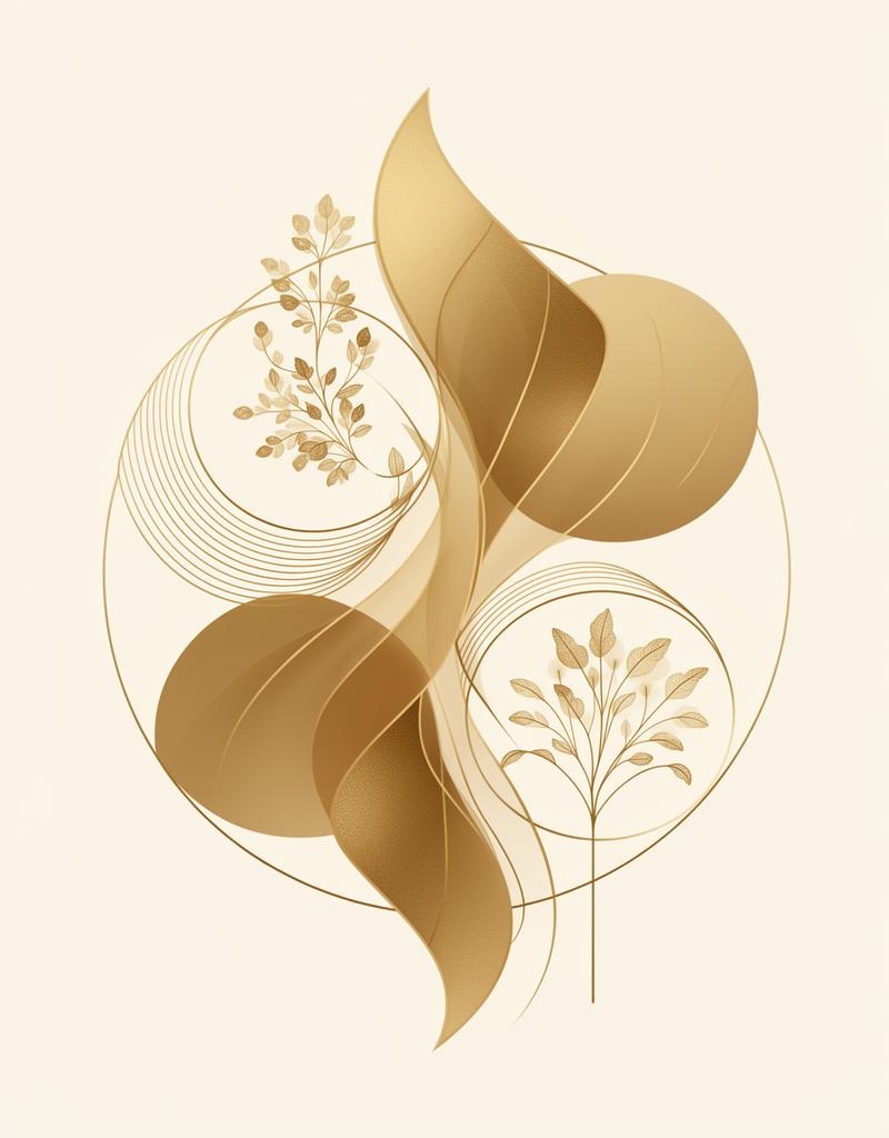 Formes organiques dorées évoquant les saisons et cycles de vie